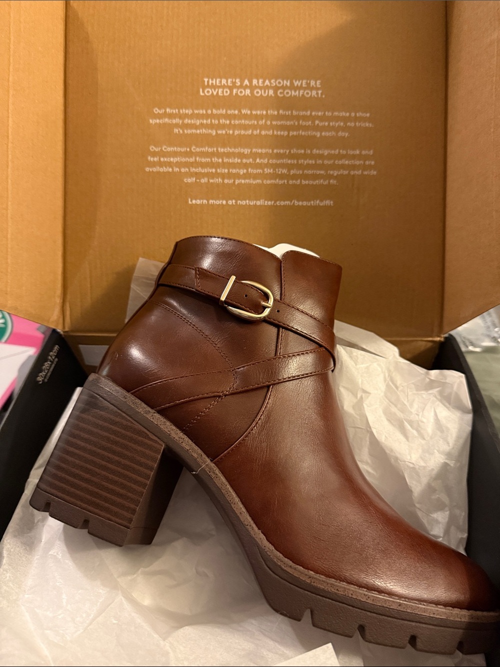 Naturalizer Brown Leather Buckle Strap Block Heel Bootie